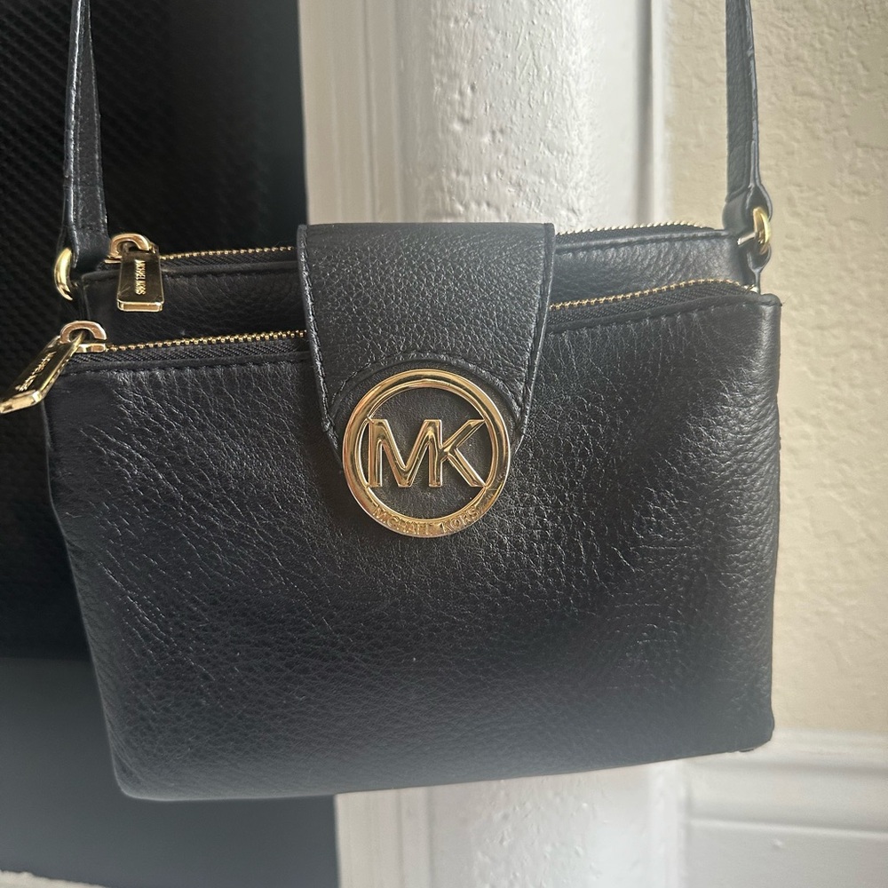 Michael Kors Black Leather Crossbody Bag with Gold Accents